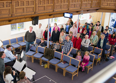 Left half of Long Buckby Baptist Church during Sunday service