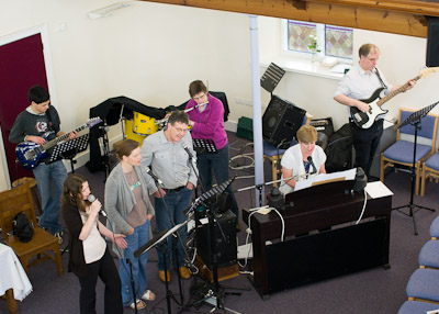 music group leading worship at Long Buckby Baptist Church